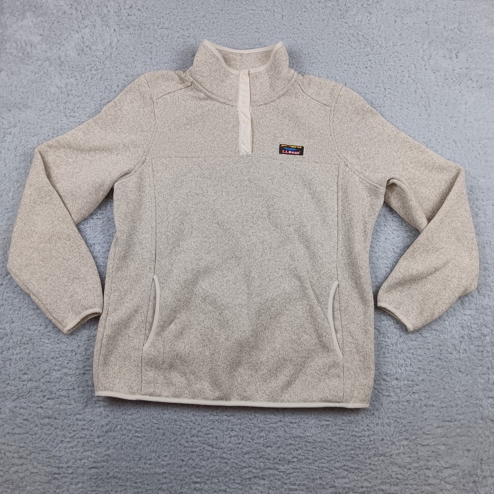 L.L.Bean Pullover Sweater Fleece Womens L Beige Snap Neck Heathered 292726